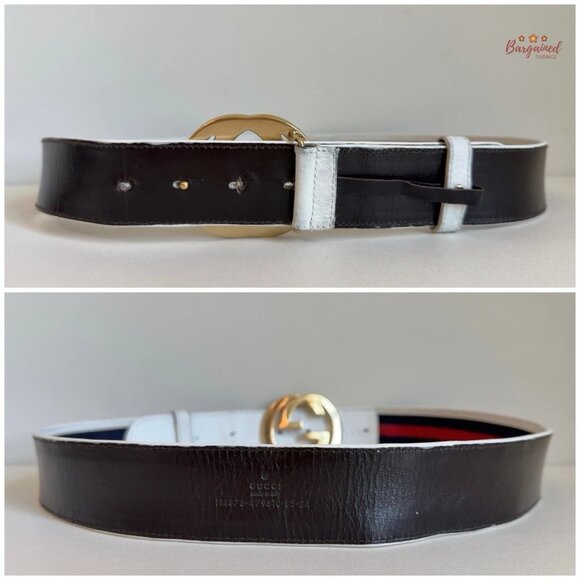 Authentic Gucci Web Canvas White Leather Gold Interlocking G Buckle Belt 85/34 - Picture 6 of 14